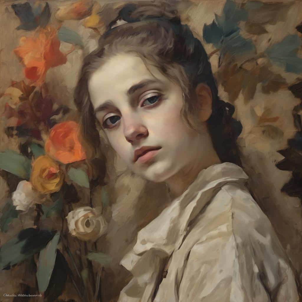 Ανθρωπόμορφη πορτρέτο νεαρής κοπέλας με λουλούδια, ρεαλιστική ζωγραφική, τέχνη και βιογραφίες καλλιτεχνών.