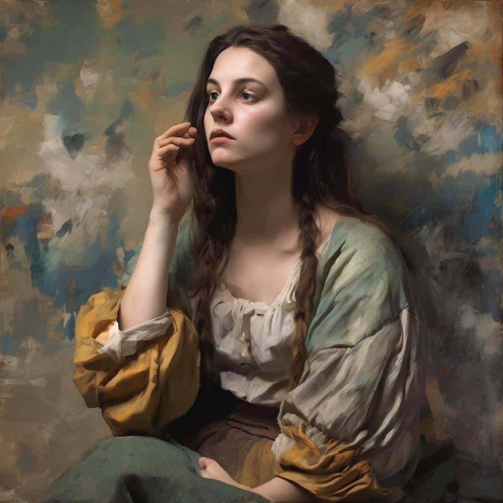 Αγία γυναίκα με ρούχα εποχής σε πίνακα ζωγραφικής, που διαμορφώνει την τέχνη και την ιστορία.