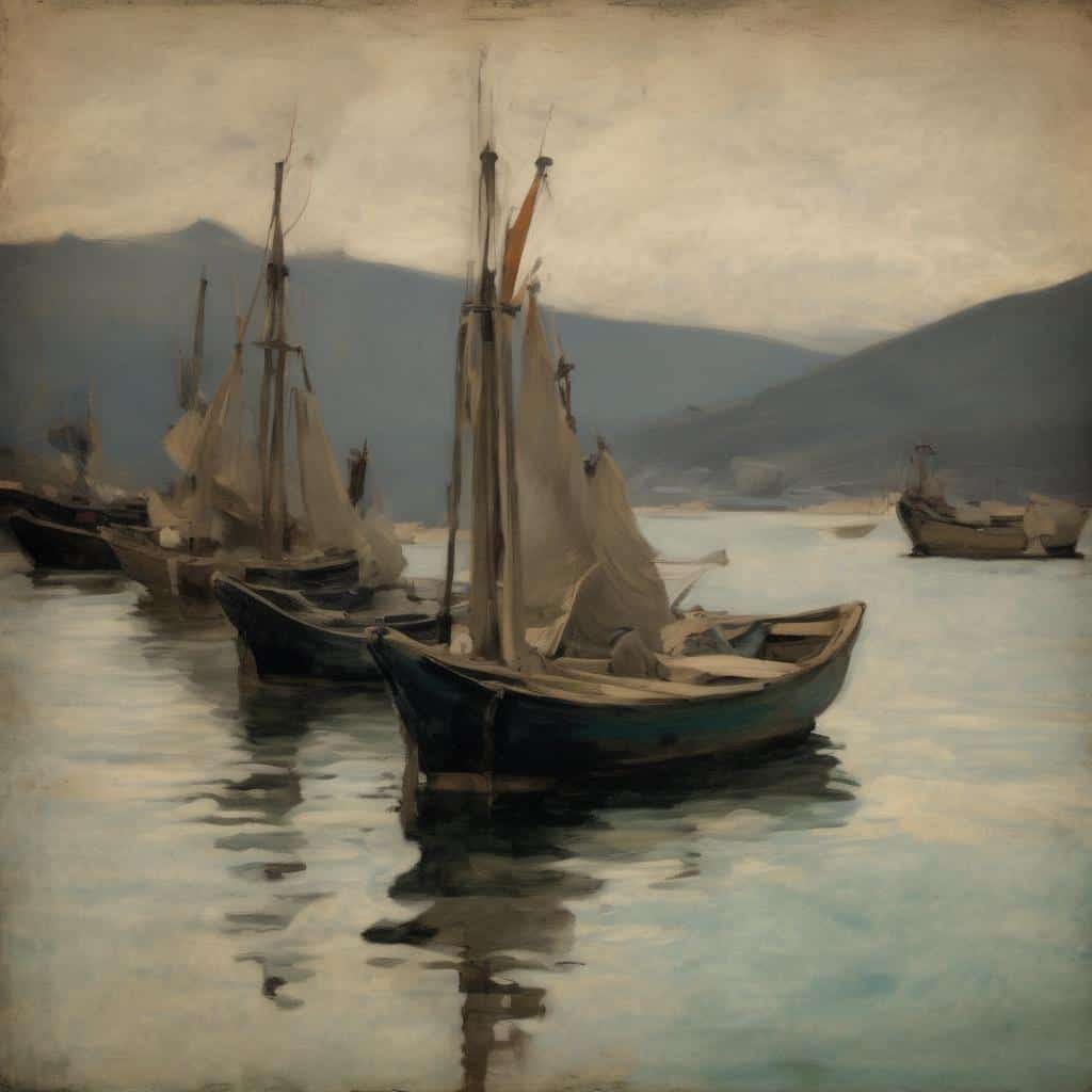 Θάλασσα με παραδοσιακές βάρκες, ελαιογραφία με ηρεμία και ατμόσφαιρα, χαρακτηριστικό έργο καλλιτέχνη που άλλαξε την τέχνη.