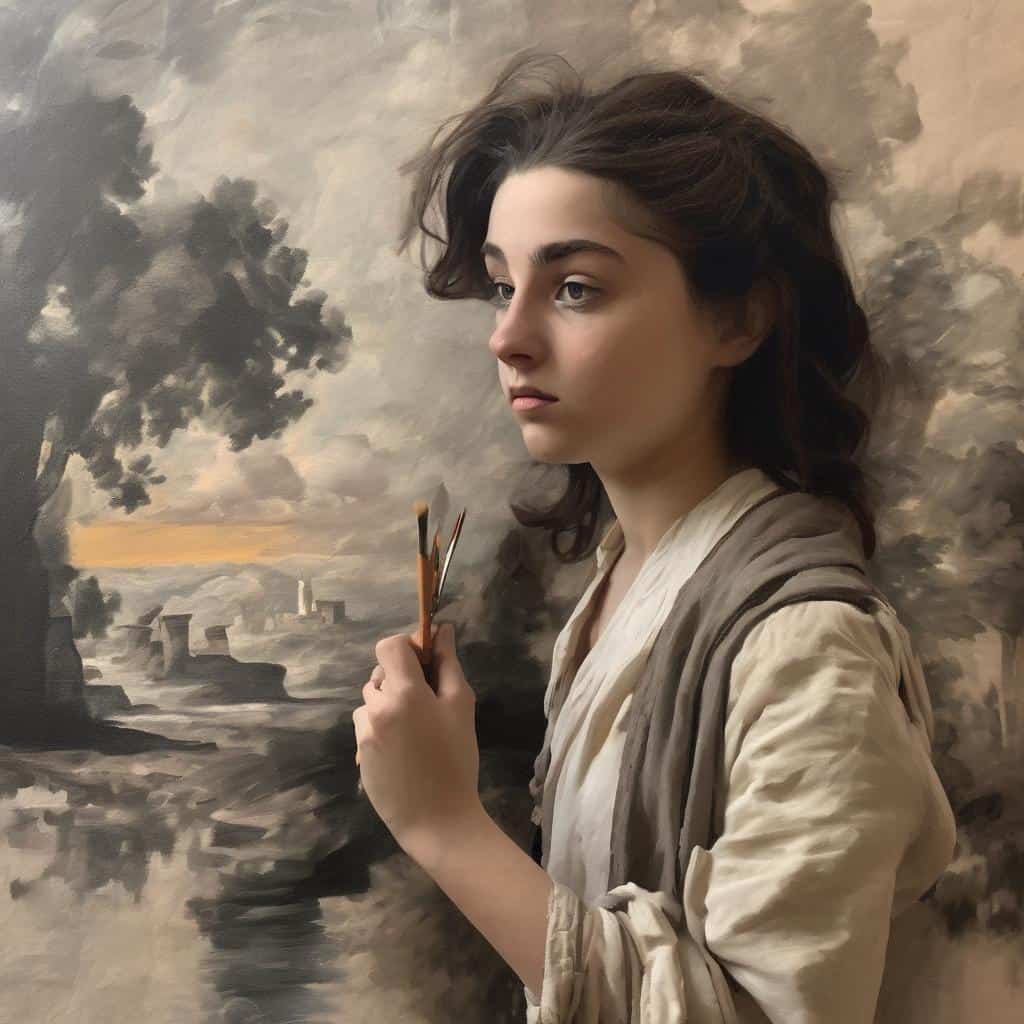 Γυναικεία προσωπογραφία ζωγράφου μπροστά σε πίνακα με τοπίο, τέχνη και ιστορία, Βιογραφίες καλλιτεχνών που άλλαξαν την τέχνη.