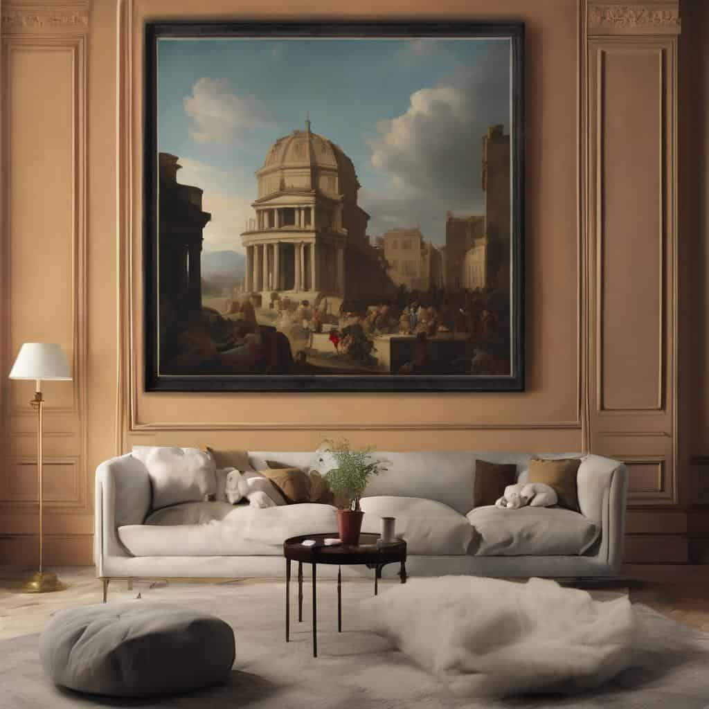 Ζωγραφικό έργο με αρχαία αρχιτεκτονική κινηματογραφική παράσταση και ρομαντικό σκηνικό.