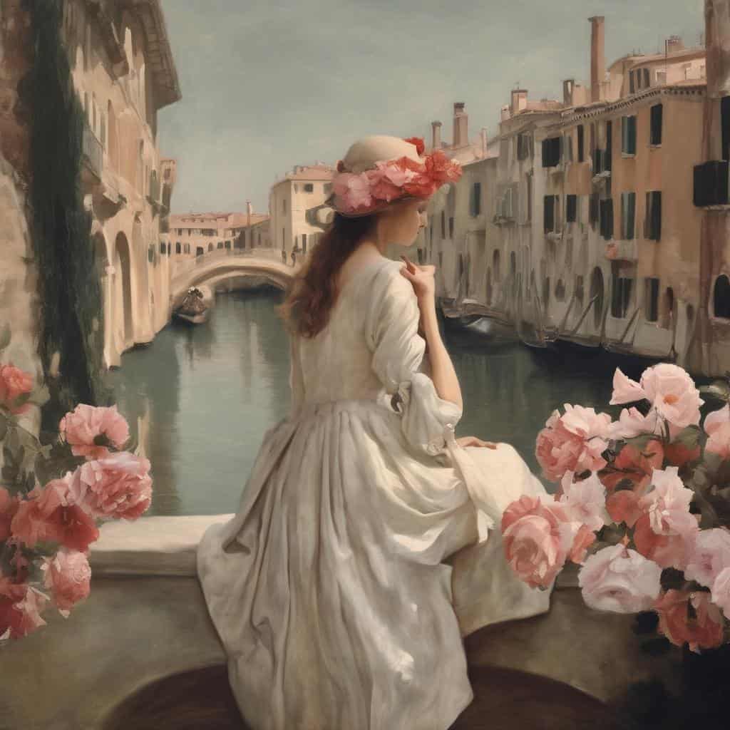 Ουάπας γυναίκα σε κανάλι με ιστορικά κτίρια και λουλούδια, ρεαλιστική ζωγραφική πορτρέτου.